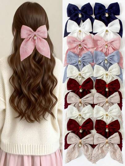  VBOOR 6pcs Solid Color French Textured Bow Knot Pearl Pendant Large Basic Barrette, Elegant Women Hair Accessories For Daily Wear And Party