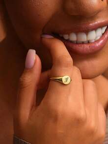 1pc Gold Plated Signet Ring, Engraved Delicate Ring, Gold Stamp Ring, Letter Jewelry, Gift For Her Or Him - Yellow - View 3