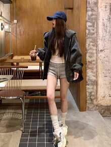 休闲撞色条纹宽松长袖外套，修身百搭 - 黑色 - 查看 9