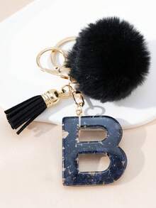 A Night Sky Star Moon English Initial Resin Keychain, Black Hairball Heart Door Buckle Hanging Decoration Tassel Decoration Design, Suitable For Bag Chains, Mobile Phone Hanging Chains, Keychains, And Gifts For Friends And Mothers - Black - View 22
