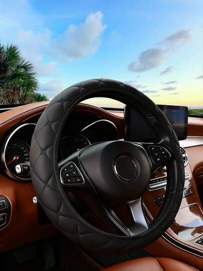 15-Inch Car Steering Wheel Cover - Rhombus Quilted PU Leather With Red Stitching, Easy Slip-On Design, Anti-Slip Grip, Universal Fit For 14.5-15 Inch Steering Wheel, Suitable For All Seasons On Sedans And SUVs