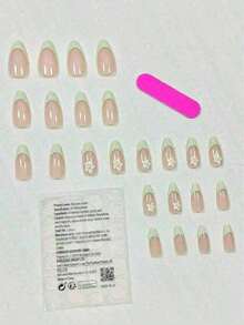 24pcs Almond Shape Minimalist Floral Green Accent 3D French Style Artificial Nail Tips, Sweet & Elegant Design Suitable For Office Ladies, Daily Occasions, Meetings, Dates, Press On Nails, Nails Press On, Christmas & New Year Nails - Nhiều màu - Xem 8
