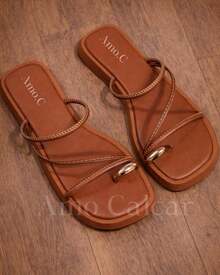 Women's Flatform Sandal With ABS Detail On The Little Toe, Elegant Women's Flat Summer - 鏽棕色 - 查看 9