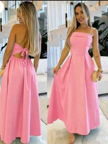 Strapless Tailored Long Dress With Back Tie And Padded Cups - Baby Pink - View 1