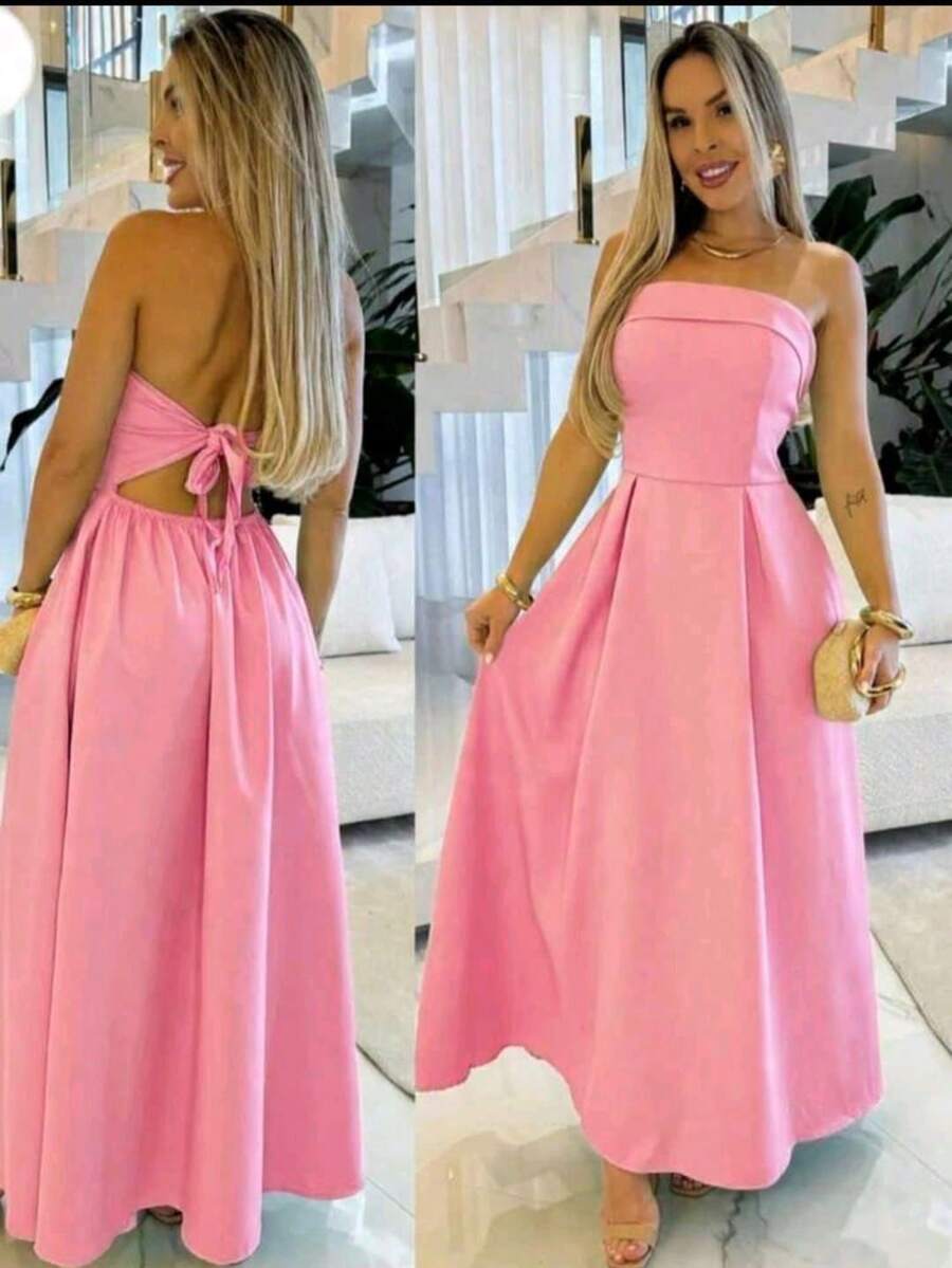 Strapless Tailored Long Dress With Back Tie And Padded Cups - Baby Pink - View 1