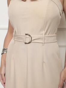 Vestido Longo Feminino tomara que cai Fenta na frente Zíper Com cinto Bolso Escritório Festa Elegante Verao ANLE MODAS - Caqui - Visão 6