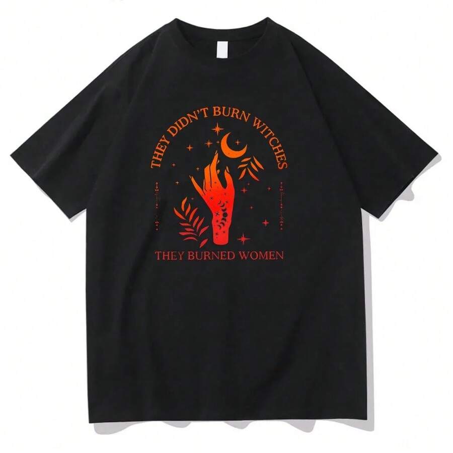 Camiseta de manga corta Harajuku casual con texto "They Didn't Burn Witches", camiseta Pop de cuello redondo, camisetas para hombres/mujeres - Negro - Ver 1