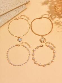 4pcs/Set Elegant Versatile Multi-Layer Gold Tone Shell Flower Pendant Anklet, Suitable For Daily, Date, Outing, Party, Beach Vacation, Handmade Chain Can Be Trimmed To Desired Length - Multicolor - View 2