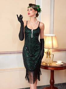 1920s Flapper Dresses For Women, Great Gatsby Costumes With Fringe With Accessories Set - Green - View 4