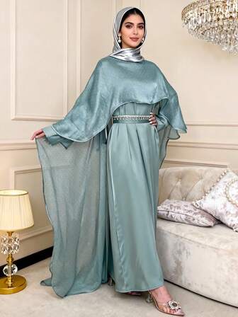 1個 エレガントなラインストーン付きフード付きアバヤドレス、パーティー、休暇、日常的な式典に適したファッションロングガウン