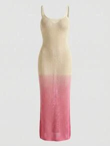 2026 Spring/Summer New Fashion Elegant French Style Daily Date Commute Spaghetti Strap U-Neck Slim Fit Bodycon Gradient Color Long Knit Dress, Autumn Dress - Multicolor - View 6