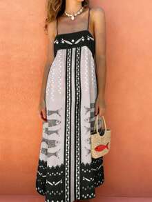 海星闪耀春夏新款时尚休闲优雅波西米亚风无袖长裙，无领缎面长裙，常规女装度假派对服饰 - 黑色 - 查看 7