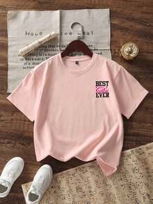 Young Girl Casual Graphic Print Crew Neck Short Sleeve T-Shirt, Summer Top - Pink - View 2
