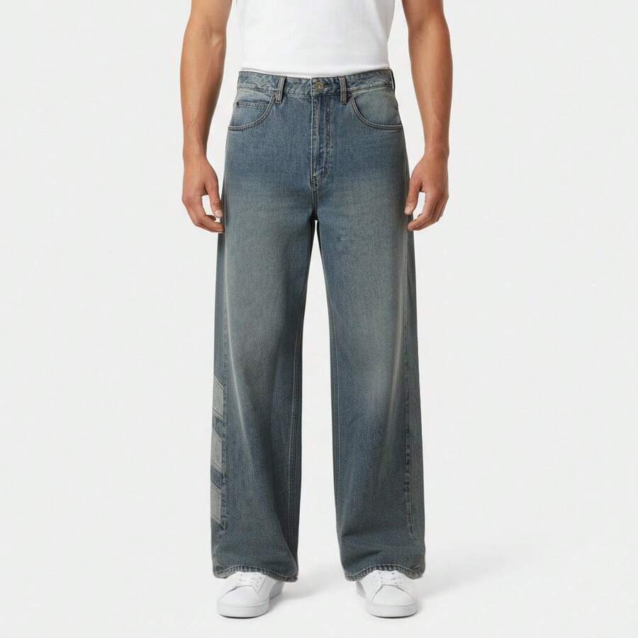 Adidas Originals Men's Loose Fit Pockets Wide Leg Jeans Pants KE0112 - Blue - View 1