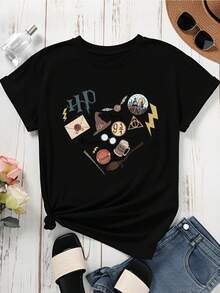 Warner Bros Harry Potter Inspired Heart Design T-Shirt With Magic Symbols And Quotes For Fans Of The Wizarding World - 黑色 - 查看 2
