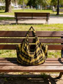 Large Capacity Plaid Pattern Shoulder Bag, Women's Crossbody Bag, Casual Multifunctional Tote Bag, Lightweight And Foldable, Soft Fabric, Zipper Design, Suitable For Work, Study, Travel - Yellow - View 11