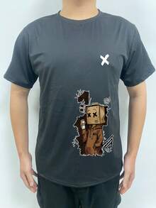 Men's Cartoon Print Round Neck Casual Versatile Commute Short Sleeve T-Shirt - Black - View 2