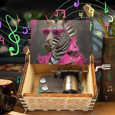 复古风格木制手摇音乐盒，饰有酷炫的粉色斑马图案 - 播放歌曲《You Are My Sunshine》