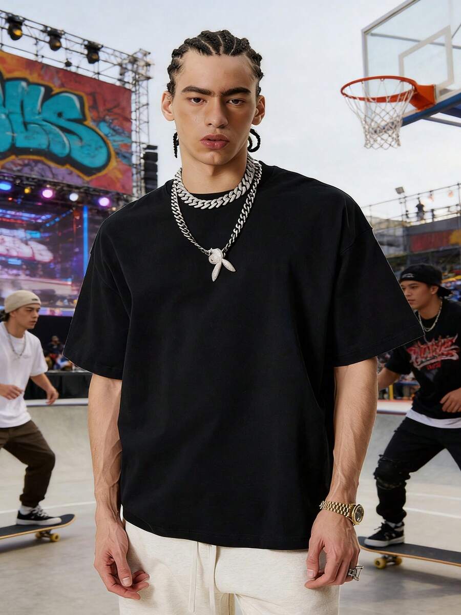 Men's Casual Sports Knit Short Sleeve Crew Neck Solid Color T-Shirt - Black - View 1