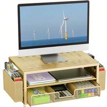 Gianotter - Soporte para monitor de computadora de escritorio con cajón y 2 portalápices elevador de monitor de 2 niveles accesorios de escritorio para suministros de oficina y escritorio azul - Dorado - Ver 8