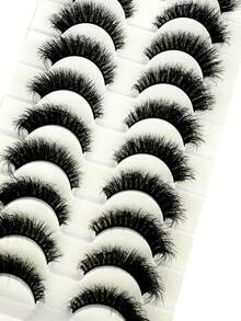 10对蓬松3D水貂毛假睫毛，100%无动物实验，手工制作，可重复使用，短款自然假睫毛，水貂毛条状假睫毛 - 黑色 - 查看 2