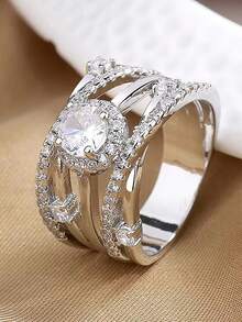 1枚优雅白色锆石交叉缠绕戒指，时尚设计 - 銀色 - 查看 1