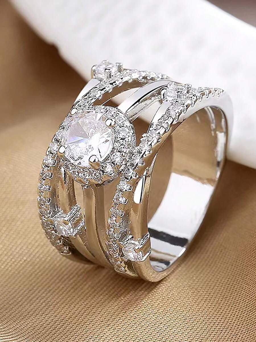 1枚优雅白色锆石交叉缠绕戒指，时尚设计 - 銀色 - 查看 1