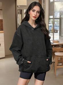 Women's Oversized Unisex Retro Acid-Wash Hooded Sweatshirt - Heavy-Duty Couple Matching Streetwear Pullover With Pocket, X-Line Fit (Plus Size), All-Season Casual Hoodie For Men & Women - Christmas Gift - 黑色 - 查看 3