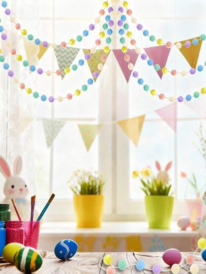 2/1 Set Colorful Pom Pom Decorative Wreath (Macaron Color), Easter Decorative Banner And Flag, Cute Hanging Rainbow Felt Ball Wreath, Spring Home Decor, Indoor Living Room Decor, Wall Decor, Classroom And Shop Decoration, Baby Shower Wedding Birthday Party Supplies