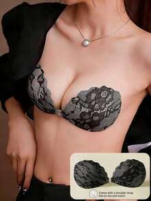 1pc/2pcs/3pcs Lace Invisible Bra Lift Adhesive Silicone Nipple Cover, Front Closure Back Strap Design, Reusable, Suitable For Bikini And Strapless Evening Dress - Black - View 6