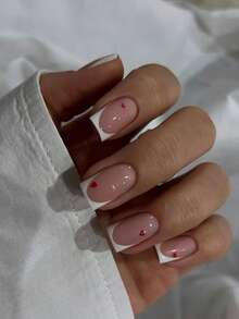 24pcs Square Press On Nail Stickers With Advanced French White Border And Red Heart Pattern Design, Suitable For Fake Nails, Including 1 Nail File And 1 Set Of Nail Stickers, Suitable For Women And Girls To Use, Suitable For Nail Decoration During Important Festivals And Gatherings Such As New Year And Valentine'S Day Nail Supplies - Multicolor - View 8