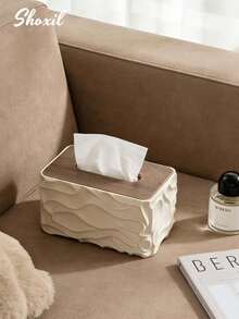 shoxil 1pc Cream-Colored Tissue Box, Wavy Surface Design And Wooden Box LidCan, Be Used As A Desktop Tissue Holder Or A Bathroom Tissue Box. Making It Suitable As Both A Bathroom Decor Item And An Ideal Gift For Holidays And Housewarming. Suitable For Home Decor, It Can Be Used In The Bathroom, Living Room, And Office - Tissue Box - View 3