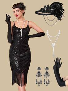 1920s Fringe Sequin Flapper Dress Set - Black - View 1