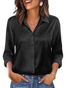 Womens Button Down Shirts Long Sleeve Tops Silk Satin Blouses Business Casual Fashion Outfit - 黑色 - 查看 2