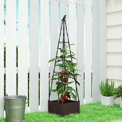 Outsunny Raised Bed For Garden, Raised Garden Bed Planter Box With Trellis And Self Watering, Tomato Cage With Drainage Holes And Plugs For Climbing Plants Flowers Vegetable Herbs, 40 X 40 X 175 Cm
