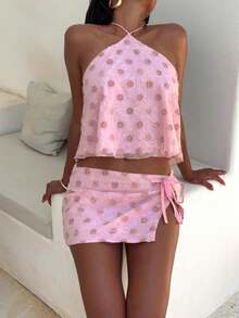 Women Two Piece Sparkly Sequin Mini Skirt Set .Y Sleeveless Tie Back Halter Top Side Tie Mini Skirt Set Summer Y2k Clubwear - 粉色 - 查看 8