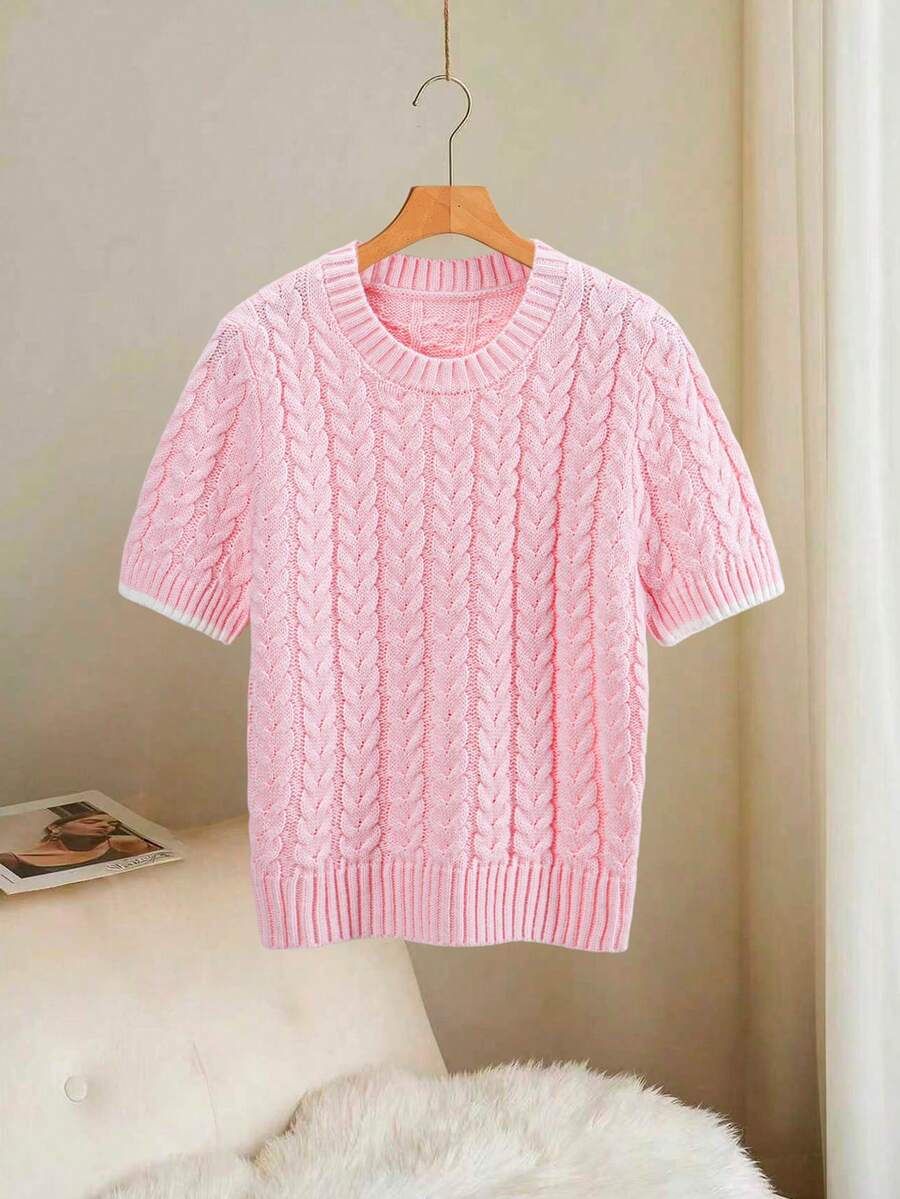 Elegant Crew Neck Cable Knit Short Sleeve Sweater Top Pink Spring - Pink - View 1