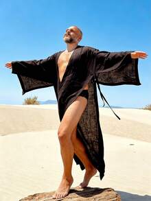 Men's Solid Black Open Front Robe - Minimalist Style, Loose Fit Long Robe, Lightweight Suitable For Desert Vacation, Bohemian Adventure And Outdoor Leisure, Gift For Men - Black - View 2