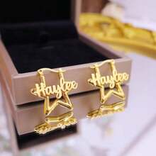 1 Pair Personalized Name Star Earrings, Custom Lettering & Numbers, Y2K Style Stainless Steel Mini Hoops Earrings, Ideal Gift For Birthdays, Anniversaries, Weddings, Mother's Day, Valentine's Day - Gold - View 3
