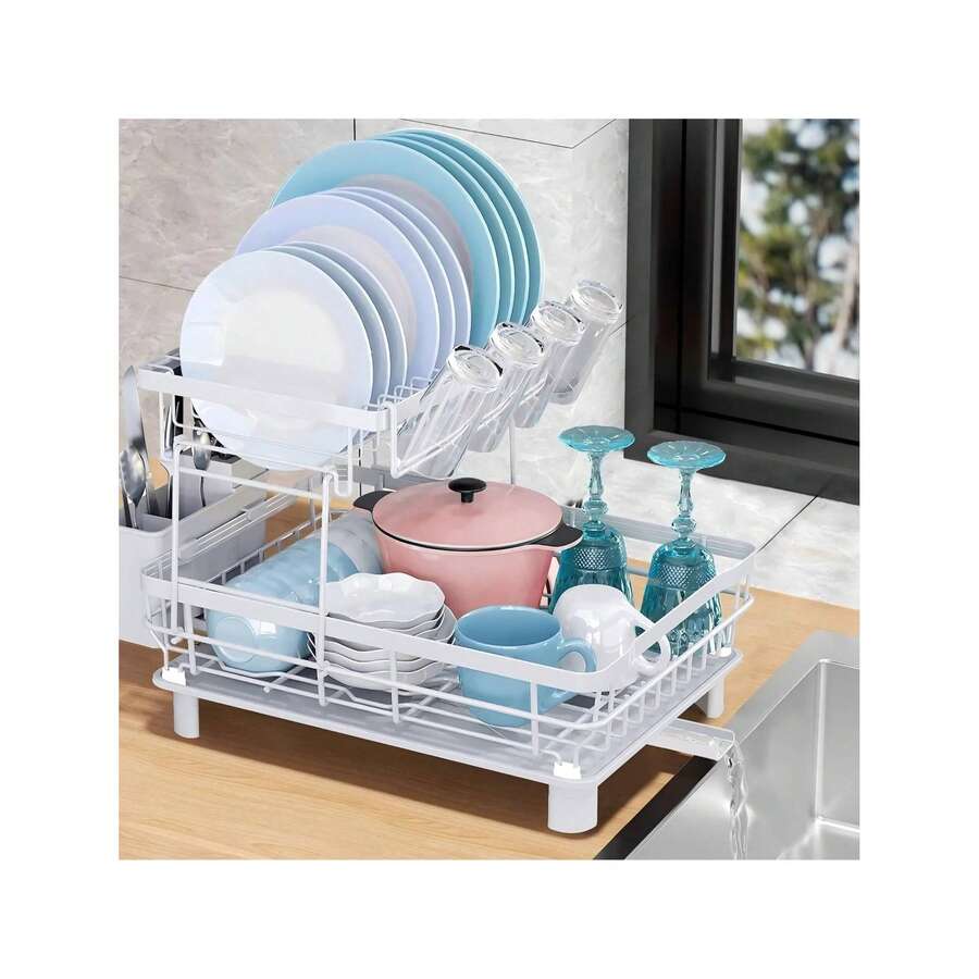 Escurreplatos de doble capa con bandeja de goteo y rotación de 360° que ahorra espacio en la encimera. Incluye escurridor, soporte para cubiertos, portavasos y boquilla giratoria ajustable.