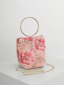 Bolso de mano cruzado elegante y brillante con parches de hojas y flores multicolor, bolso cuadrado mini vintage con cadena, adecuado para fiestas, estudiantes universitarias, mujeres de car - Rosa Fucsia - Ver 7