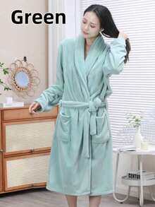 1 pieza Bata de baño de unicolor para mujer, ropa de dormir, ropa de estar en casa, bata, kimono, de felpa coral, suave, absorbente, cómoda, para el dormitorio, el baño, la piscina, los viajes, todo el año, regalo - Morado - Ver 5