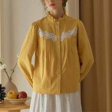 Simple Retro Women's Spring And Summer Casual Small Standing Collar Lace Collision Colour Splicing Blue Elegant Retro Temperament Valentine's Day Long Sleeve Shirt - Yellow - View 1
