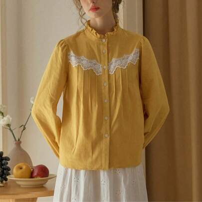 Simple Retro Women's Spring And Summer Casual Small Standing Collar Lace Collision Colour Splicing Blue Elegant Retro Temperament Valentine's Day Long Sleeve Shirt