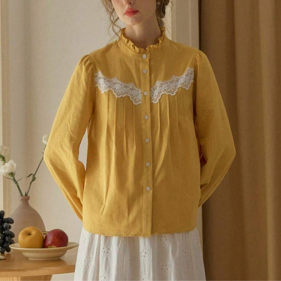 Simple Retro Women's Spring And Summer Casual Small Standing Collar Lace Collision Colour Splicing Blue Elegant Retro Temperament Valentine's Day Long Sleeve Shirt - Yellow - View 1