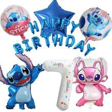 "Lilo & Stitch" und "Angel" Themen Geburtstagballon Set, beinhaltet Zahl-Folienballons, Stitch und Angel geformte Folienballons, "Alles Gute zum Geburtstag" Buchstabenballons, Sternballons, in blauen und rosa Tönen, ergibt einen süßen Cartoon-Stil, geeignet für Geburtstagsfeiern und thematische Veranstaltungen. - Verschiedenfarbig - Übersicht 9