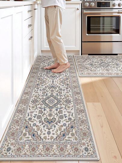 DAJIANG 1 قطعة بساط طويل على الطراز البوهيمي والرجعي، بساط طويل للمطبخ ذو نمط زهري فاخر وعتيق، مناسب للحمام والمطبخ والخارج والداخل والممر والغرفة والصالة، قابل للغسل في الغسالة