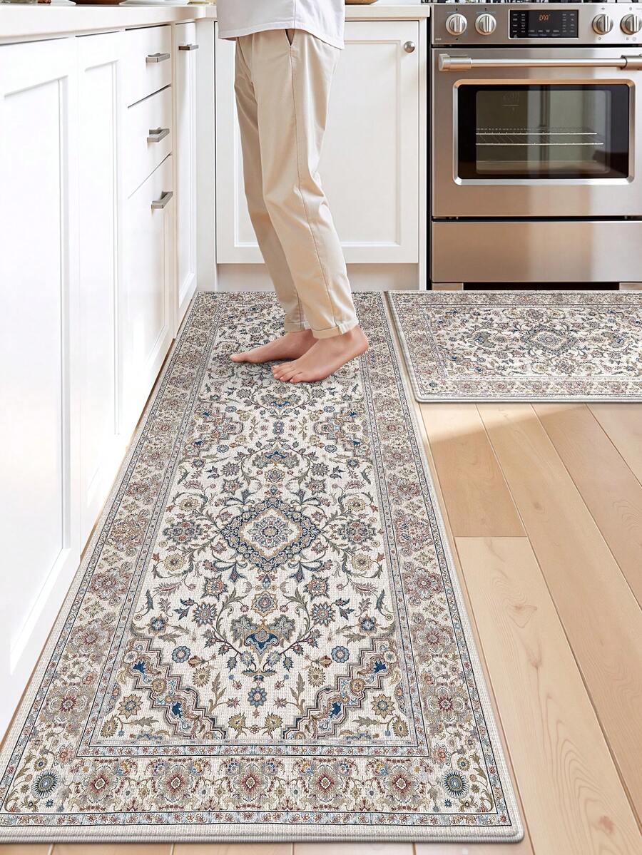 DAJIANG 1 Stück Boho Vintage Stil Läufer Teppich, luxuriöses Retro Blumenmuster Läufer Teppich für Küche, geeignet für Badezimmer, Küche, Außen, Innen, Flur, Schlafzimmer, Wohnzimmer, maschinenwaschbarer Küchenteppich - Verschiedenfarbig - Übersicht 1