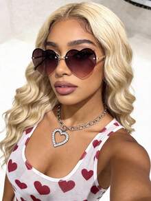 甜美火辣女孩风格派对最佳朋友风格 1 件心形粉灰色眼镜无框渐变镜片，适合女性度假装扮、酒吧时尚配饰，适合夏季海滩度假、户外、旅行色调派对风格心形镜框，适合音乐节 - 1pc 灰粉 - 查看 2