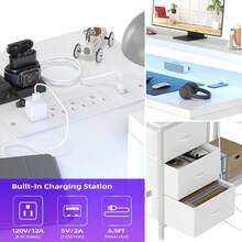 Blanco Escritorio de Oficina en Forma de L con Tomas de Corriente y Luces LED, para Estudio y Dormitorio - Blanco - Ver 5